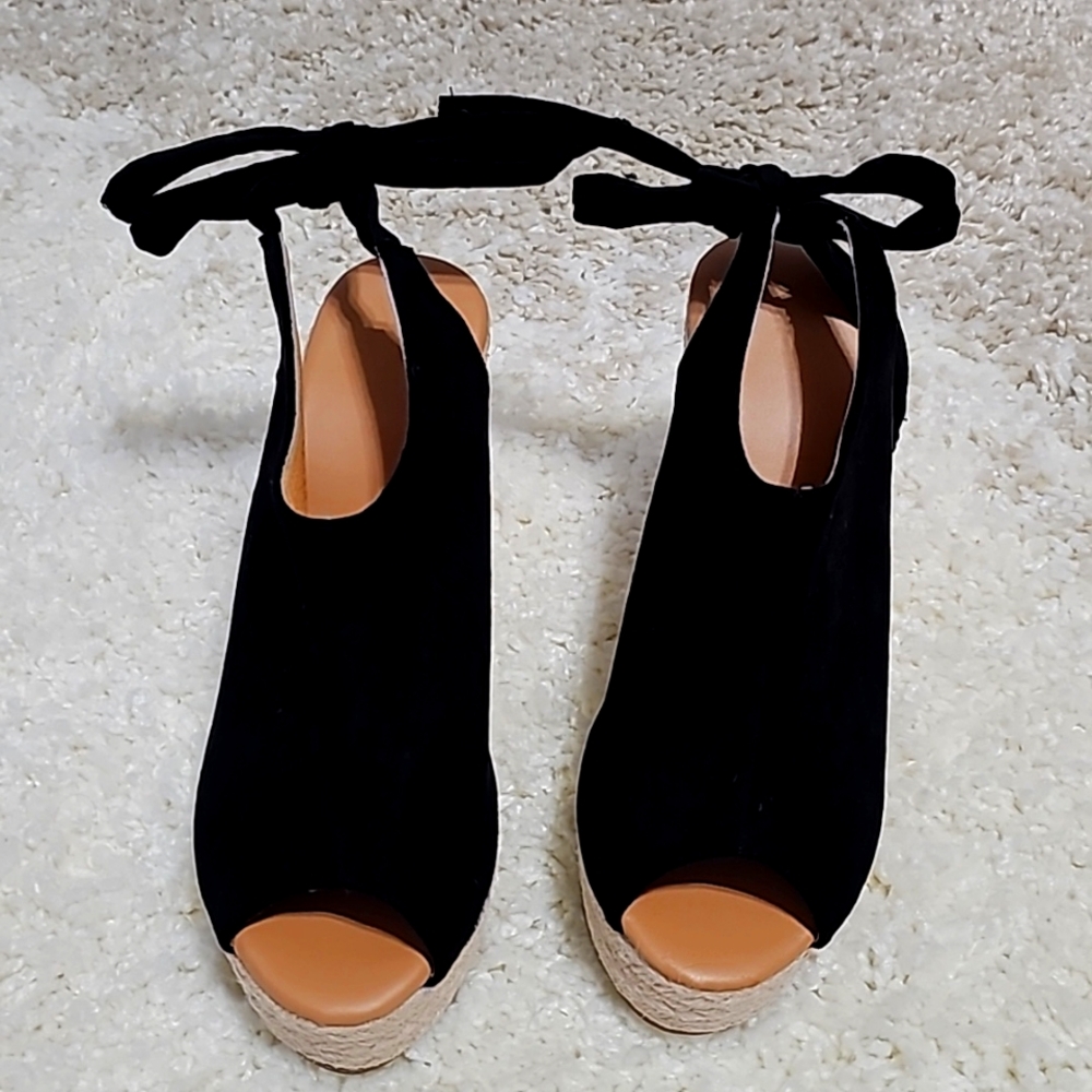 Black and tan, summer, back tie, wedge sandals, size 8.5